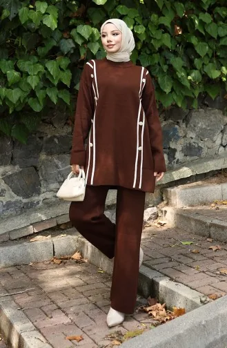 Knitwear Buttoned Tunic Trousers Two Piece Suit 1128-07 Brown 1128-07