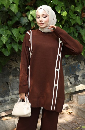 Strickmode Geknöpfte Tunika Hose Zweiteiliger Anzug 1128-07 Braun 1128-07