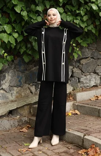 بدلة محبوكة من قطعتين، بنطلون تونك بأزرار، لون أسود، 1128-08 1128-08