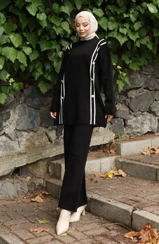 بدلة محبوكة من قطعتين، بنطلون تونك بأزرار، لون أسود، 1128-08 1128-08