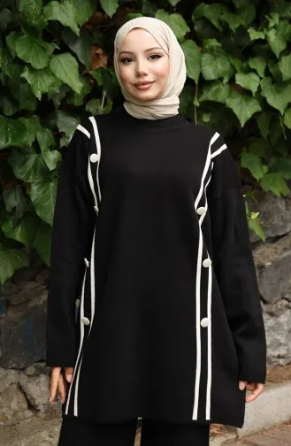 بدلة محبوكة من قطعتين، بنطلون تونك بأزرار، لون أسود، 1128-08 1128-08