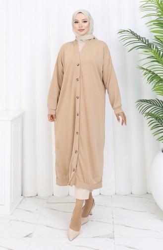 Lange Strickjacke Mit Doppelfaden Und Knöpfen 0181-02 Beige 0181-02