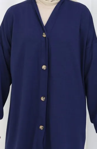 Cardigan Long Boutonné à Double Fil 0181-03 Bleu Marine 0181-03