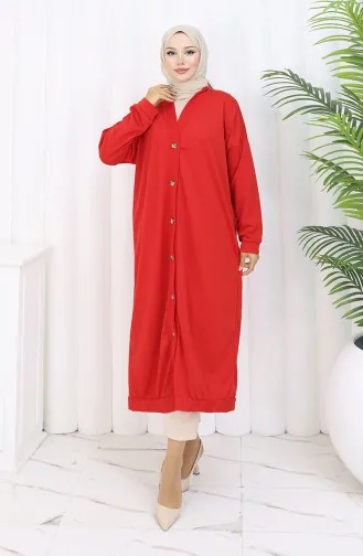 Lange Strickjacke Mit Doppelfaden Und Knöpfen 0181-04 Rot 0181-04