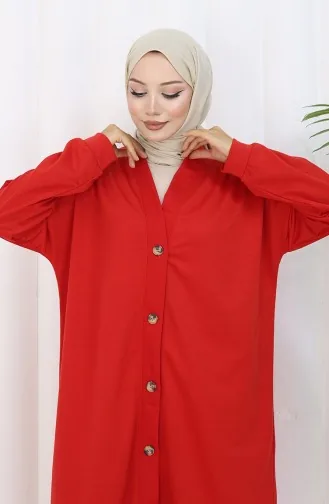 Lange Strickjacke Mit Doppelfaden Und Knöpfen 0181-04 Rot 0181-04