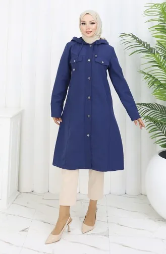 Bondit Kumaş Kapüşonlu Trençkot 0185-05 Lacivert