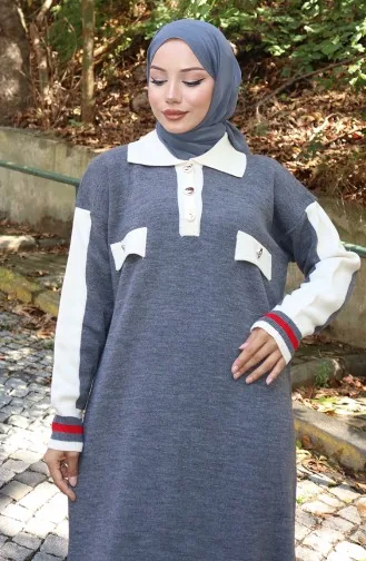 Knitwear Polo Collar Pocket Detailed Dress 0507-04 Gray 0507-04