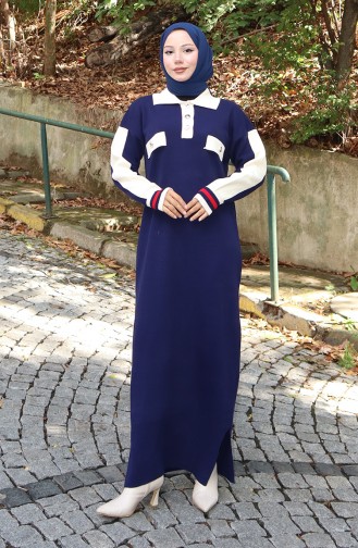 Robe En Tricot à Col Polo Et Poches Détaillées 0507-05 Bleu Marine 0507-05