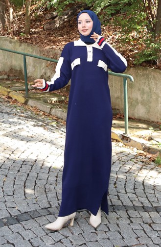 Robe En Tricot à Col Polo Et Poches Détaillées 0507-05 Bleu Marine 0507-05