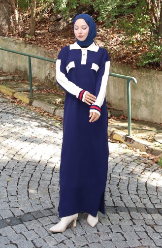 Robe En Tricot à Col Polo Et Poches Détaillées 0507-05 Bleu Marine 0507-05