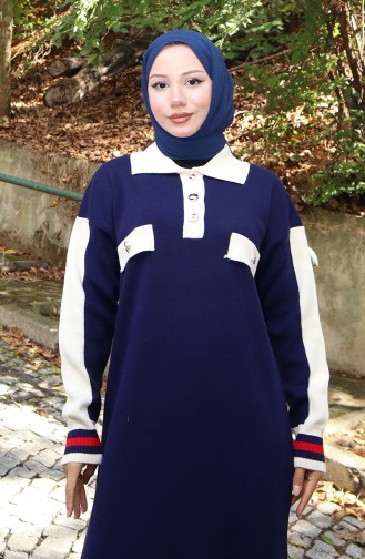Robe En Tricot à Col Polo Et Poches Détaillées 0507-05 Bleu Marine 0507-05