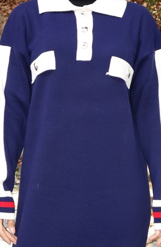 Robe En Tricot à Col Polo Et Poches Détaillées 0507-05 Bleu Marine 0507-05