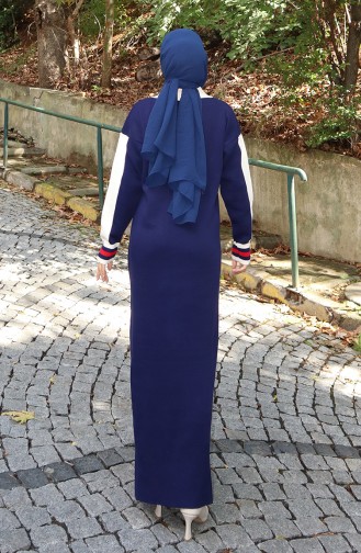 Robe En Tricot à Col Polo Et Poches Détaillées 0507-05 Bleu Marine 0507-05