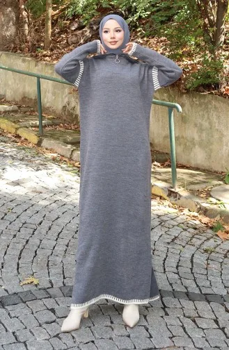 فستان محبوك بياقة مدورة مزين 0508-03 رمادي 0508-03