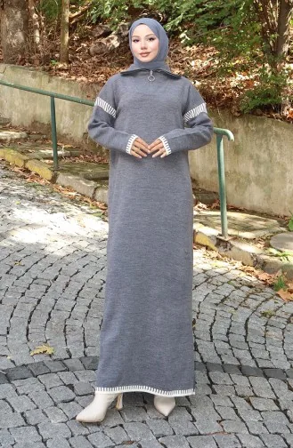 فستان محبوك بياقة مدورة مزين 0508-03 رمادي 0508-03