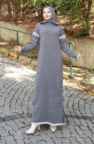 فستان محبوك بياقة مدورة مزين 0508-03 رمادي 0508-03