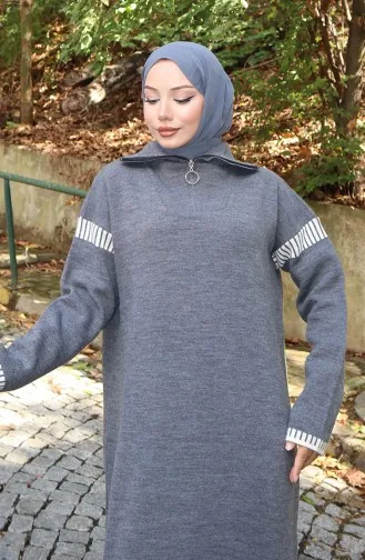 فستان محبوك بياقة مدورة مزين 0508-03 رمادي 0508-03