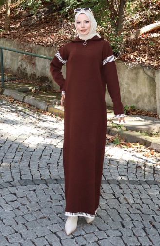 Triko Balıkçı Yaka Garnili Elbise 0508-04 Kahverengi
