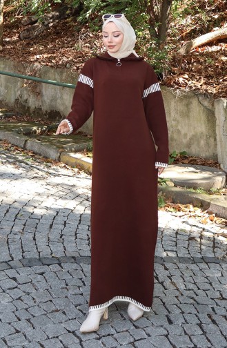 Triko Balıkçı Yaka Garnili Elbise 0508-04 Kahverengi