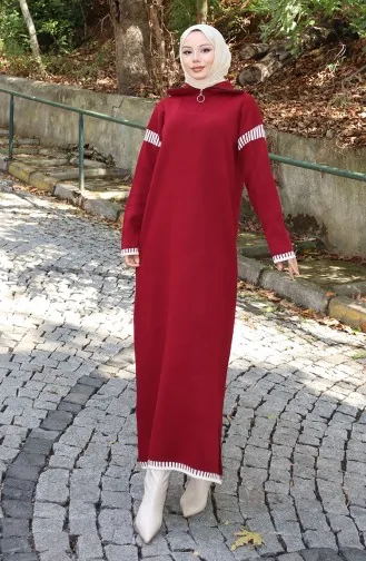 فستان محبوك بياقة مدورة مع زينة 0508-05 أحمر قرمزي 0508-05