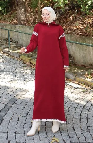 فستان محبوك بياقة مدورة مع زينة 0508-05 أحمر قرمزي 0508-05