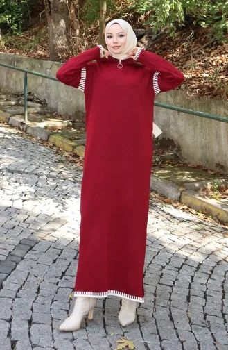 فستان محبوك بياقة مدورة مع زينة 0508-05 أحمر قرمزي 0508-05