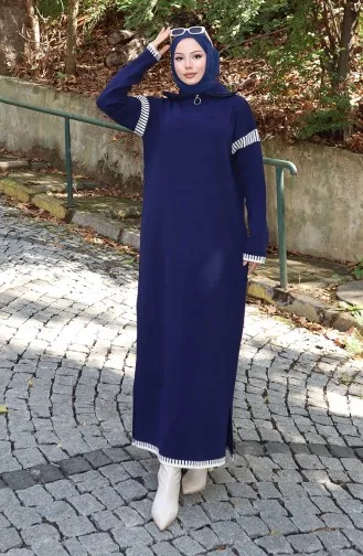 Knitted Turtleneck Garnished Dress 0508-06 Navy Blue 0508-06