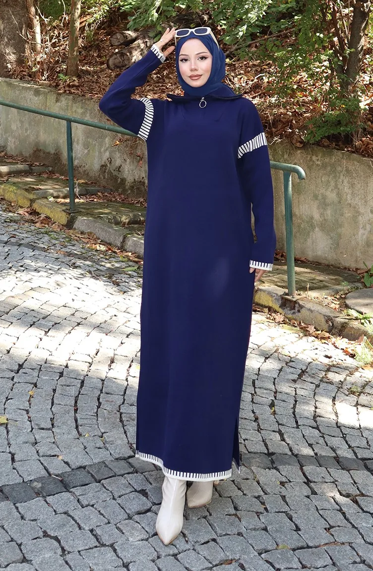 Knitted Turtleneck Garnished Dress 0508-06 Navy Blue 0508-06