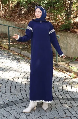 Knitted Turtleneck Garnished Dress 0508-06 Navy Blue 0508-06