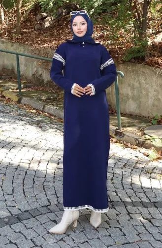 Knitted Turtleneck Garnished Dress 0508-06 Navy Blue 0508-06