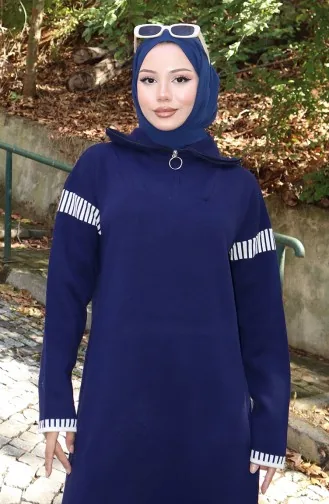Knitted Turtleneck Garnished Dress 0508-06 Navy Blue 0508-06