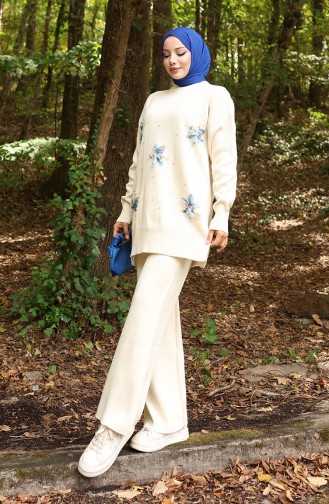 Knitwear Floral Detailed Tunic Trousers Two Piece Set 1006-01 Beige 1006-01