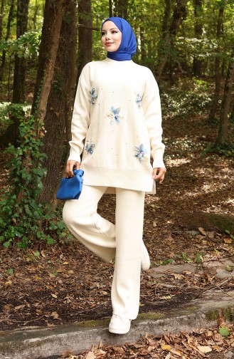 Knitwear Floral Detailed Tunic Trousers Two Piece Set 1006-01 Beige 1006-01