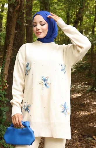 Triko Çiçek Detaylı Tunik Pantolon İkili Takım 1006-01 Bej