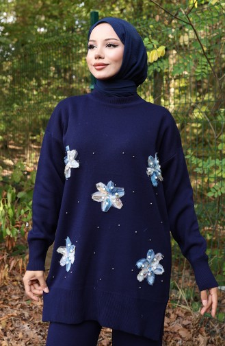 Triko Çiçek Detaylı Tunik Pantolon İkili Takım 1006-02 Lacivert