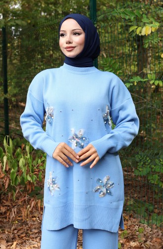 Triko Çiçek Detaylı Tunik Pantolon İkili Takım 1006-03 Mavi