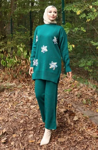 Ensemble Deux Pièces Tunique Et Pantalon à Détails Floraux En Tricot 1006-04 Pétrole 1006-04