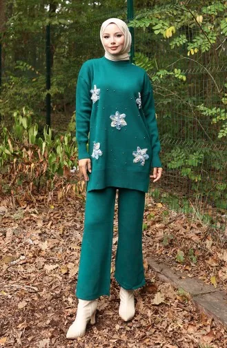 Ensemble Deux Pièces Tunique Et Pantalon à Détails Floraux En Tricot 1006-04 Pétrole 1006-04