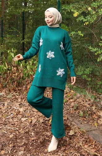 Ensemble Deux Pièces Tunique Et Pantalon à Détails Floraux En Tricot 1006-04 Pétrole 1006-04