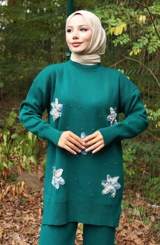 Ensemble Deux Pièces Tunique Et Pantalon à Détails Floraux En Tricot 1006-04 Pétrole 1006-04