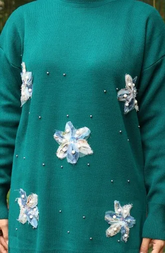 Ensemble Deux Pièces Tunique Et Pantalon à Détails Floraux En Tricot 1006-04 Pétrole 1006-04