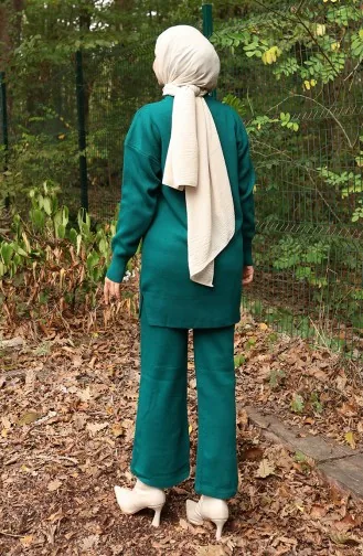 Ensemble Deux Pièces Tunique Et Pantalon à Détails Floraux En Tricot 1006-04 Pétrole 1006-04