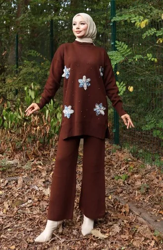 Triko Çiçek Detaylı Tunik Pantolon İkili Takım 1006-05 Kahverengi