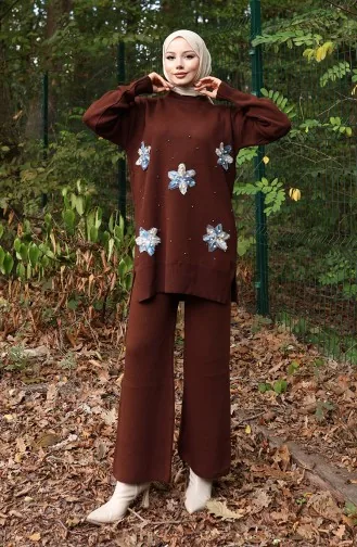 Triko Çiçek Detaylı Tunik Pantolon İkili Takım 1006-05 Kahverengi