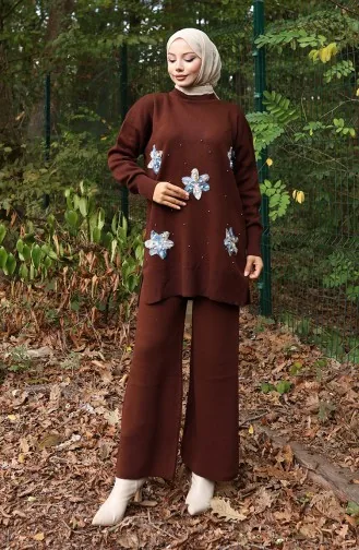 Triko Çiçek Detaylı Tunik Pantolon İkili Takım 1006-05 Kahverengi
