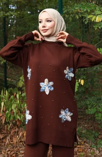 Triko Çiçek Detaylı Tunik Pantolon İkili Takım 1006-05 Kahverengi