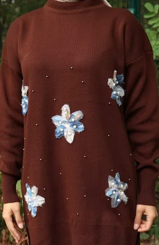 Triko Çiçek Detaylı Tunik Pantolon İkili Takım 1006-05 Kahverengi