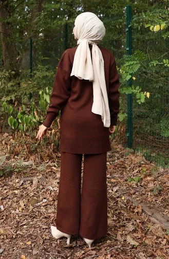 Triko Çiçek Detaylı Tunik Pantolon İkili Takım 1006-05 Kahverengi