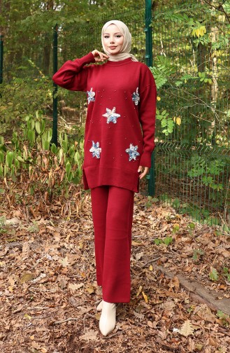 Triko Çiçek Detaylı Tunik Pantolon İkili Takım 1006-07 Bordo