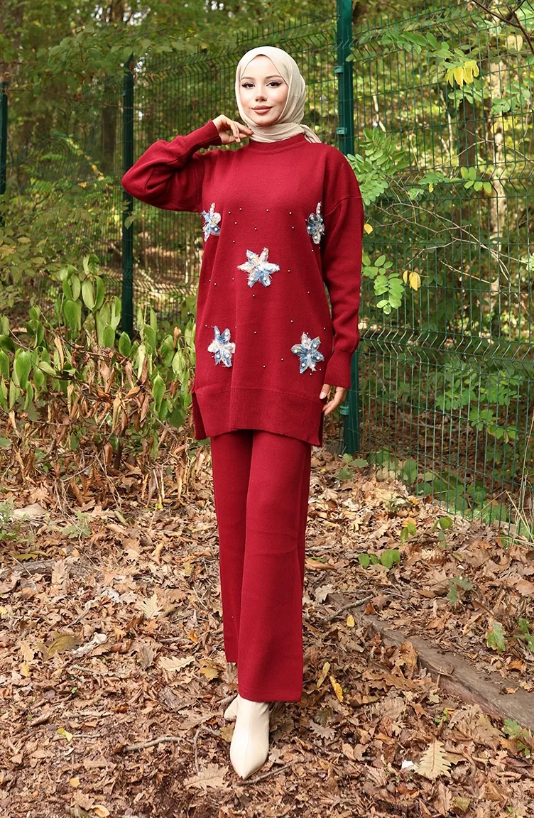 Triko Çiçek Detaylı Tunik Pantolon İkili Takım 1006-07 Bordo
